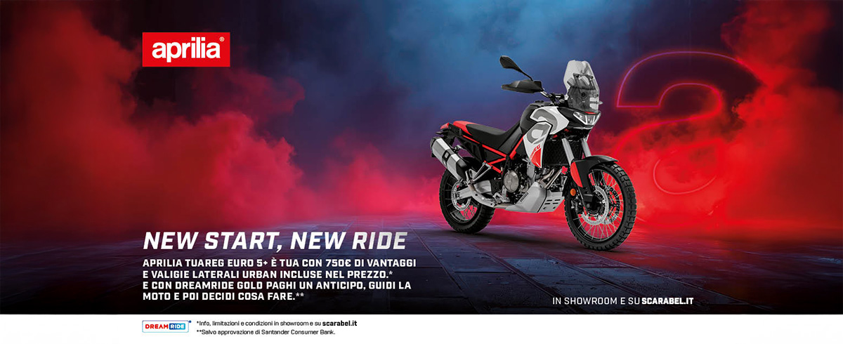 APRILIA TUAREG E’ TUA DA 189€ AL MESE (TAN 5,98%, TAEG 8,05%) CON 750€ DI VANTAGGI E VALIGIE LATERALI URBAN INCLUSE